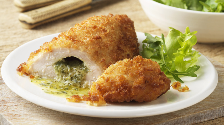 sliced breaded stuffed chicken breast