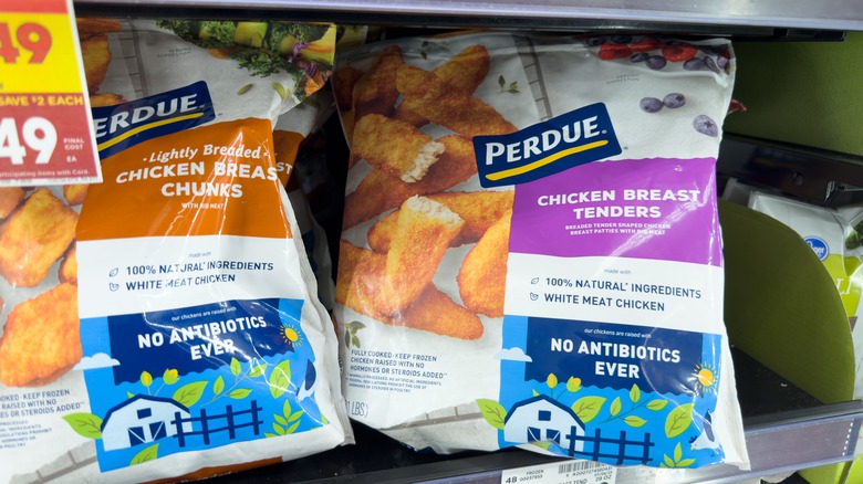 Bags of chicken tenders in freezer