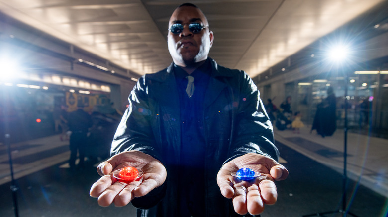 Matrix character Morpheus with red and blue pill