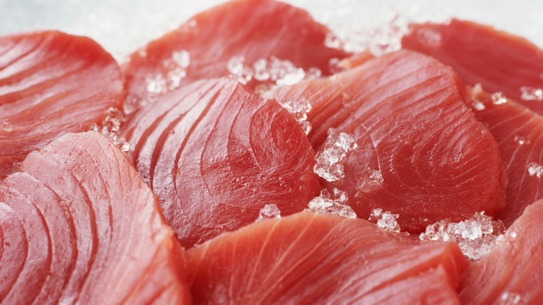 Slices of raw tuna with ice sprinkled on top