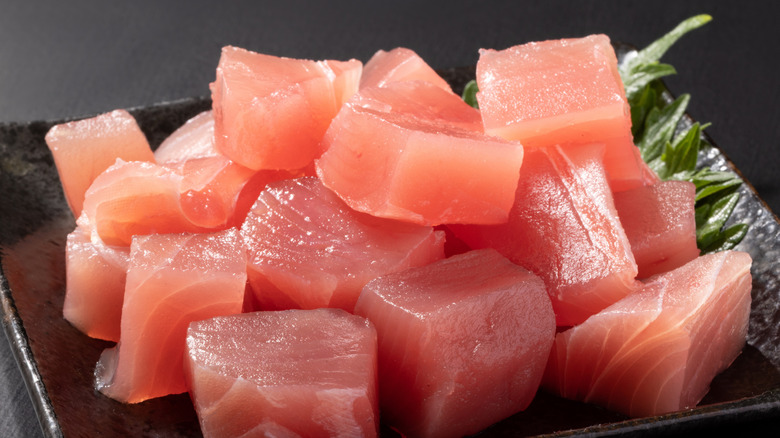 Sliced raw tuna cubes