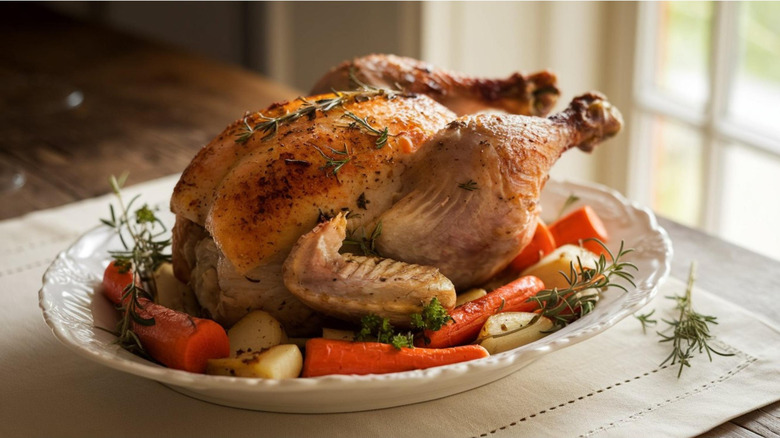 Roast turkey on table with roasted vegetables