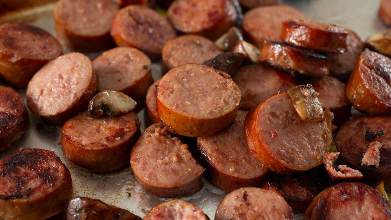 Slices of turkey sausage with mushrooms