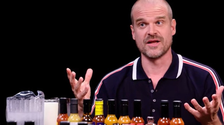 David Harbour with hot sauce