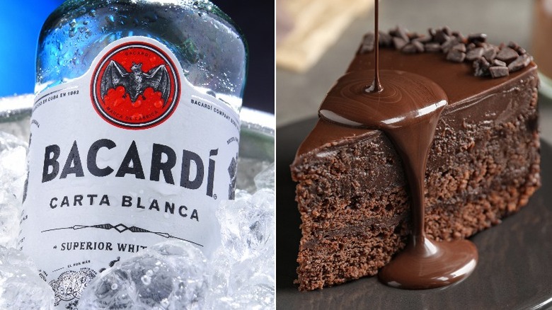 Bottle of Bacardi rum and slice of chocolate cake.