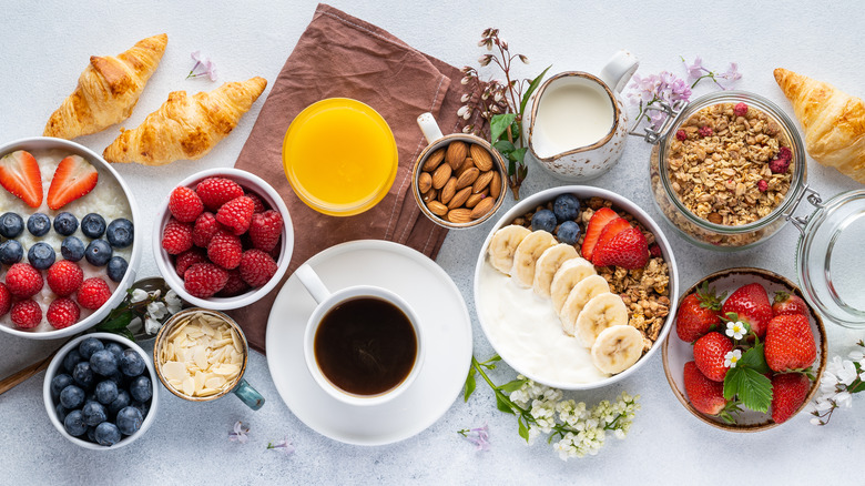 Spread of breakfast foods and drinks