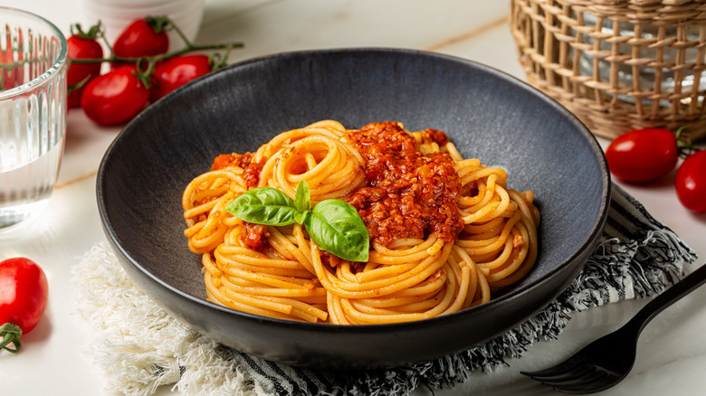 Plate of spaghetti with marinara sauce