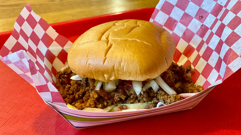 Loose meat sandwich on tray