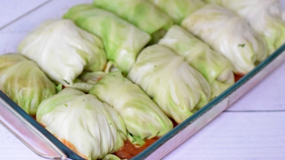 cabbage rolls in casserole dish