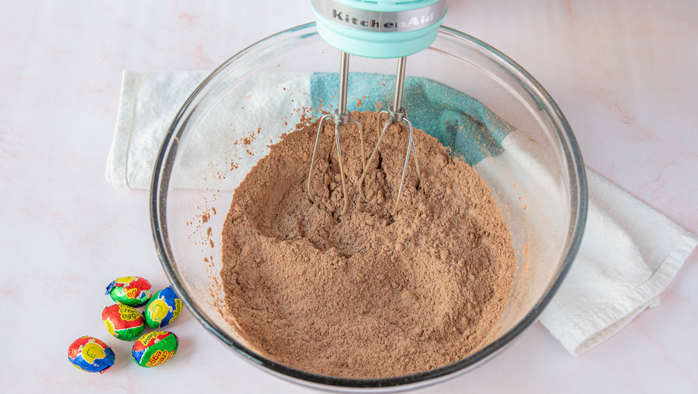 mixing dry ingredients for Cadbury Creme Eggs cupcakes