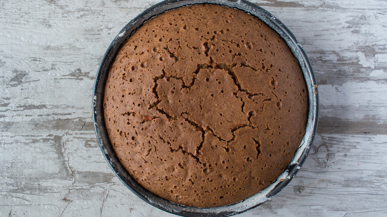 A chocolate cake in a pan