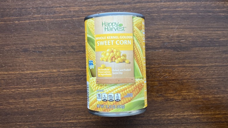 A can of Aldi Happy Harvest sweet corn on a table