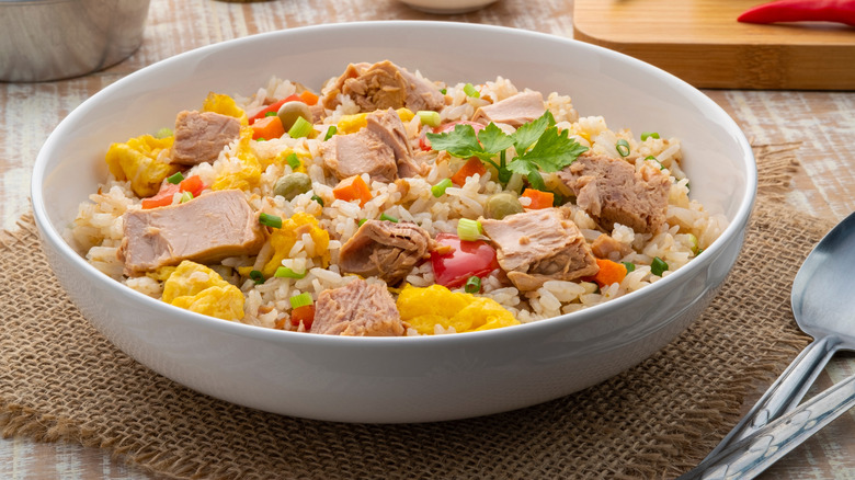 bowl of stir fry with canned tuna, veggies, and egg