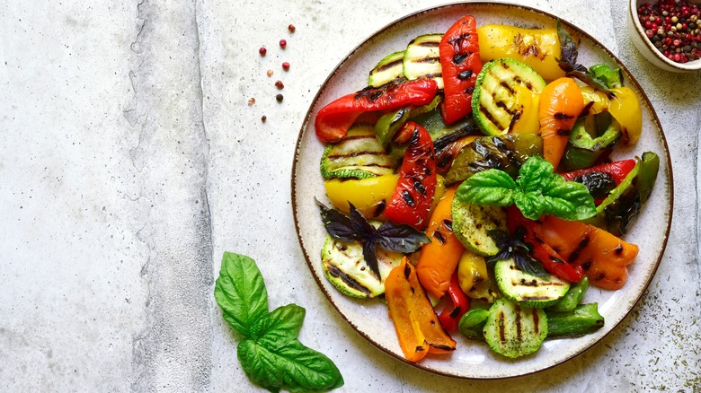 roasted peppers with zucchini, squash, and basil