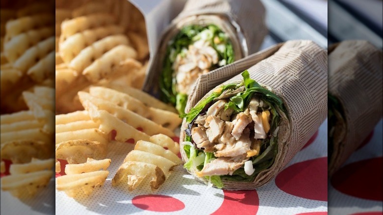 A grilled chicken Cool Wrap and fries from Chick-fil-A