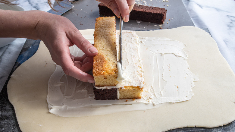 assembling Battenberg cake