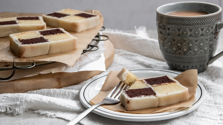 Battenberg cake with tea