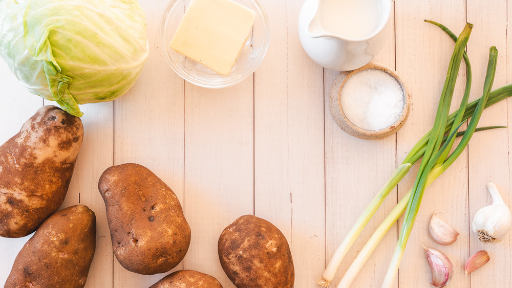 russet potatoes, cabbage, butter cream, salt, chives, garlic for colcannon