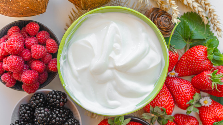 Greek yogurt in bowl with berries