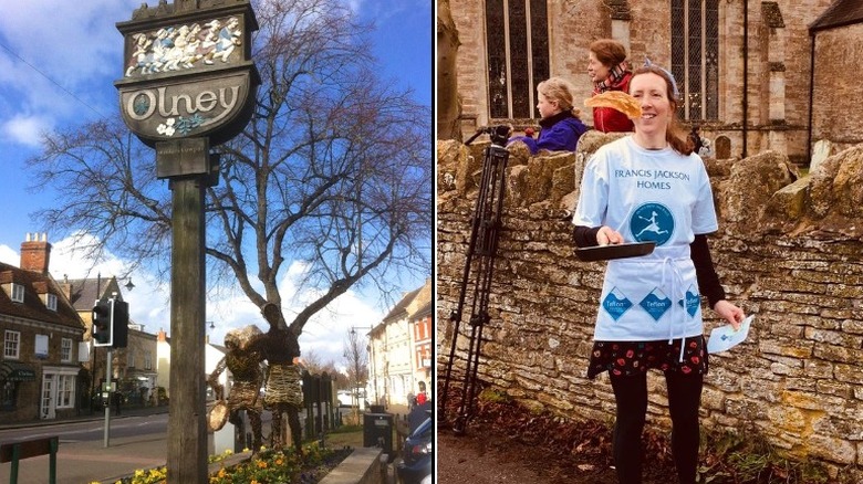 The Olney Pancake Race statue and a participant 