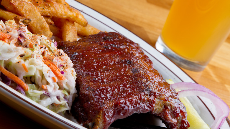 Ribs, fries, and coleslaw