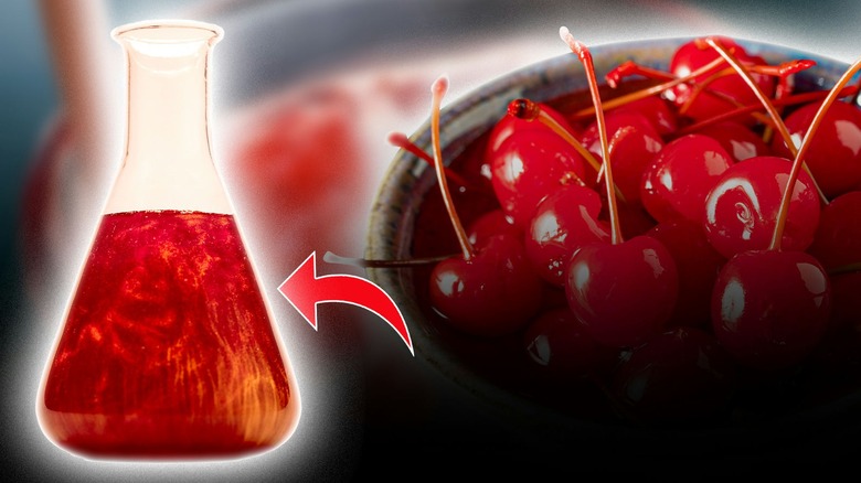 Red maraschino cherries in bowl and a container of Red Dye No. 3 food coloring