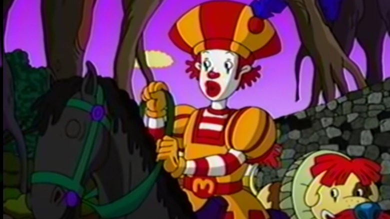 Animated Ronald McDonald riding a horse