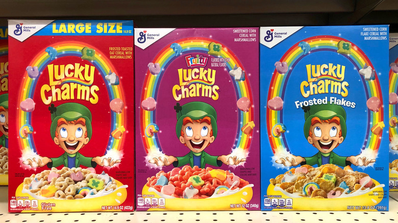 Three boxes of Lucky Charms on store shelf