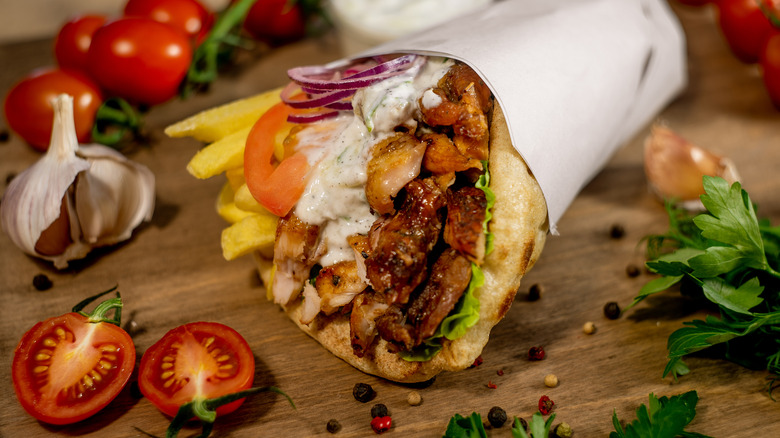 chicken gyros on a wooden board