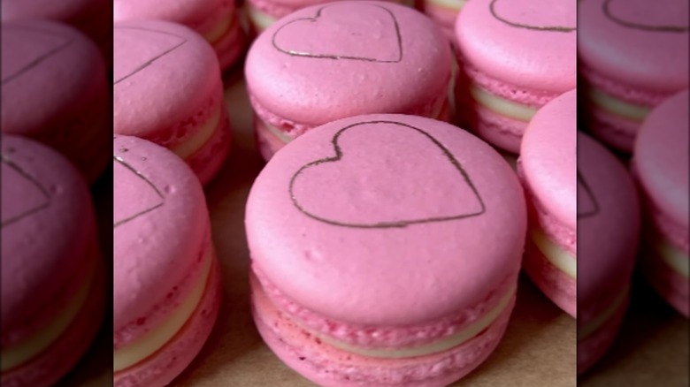 heart stamped pink macarons