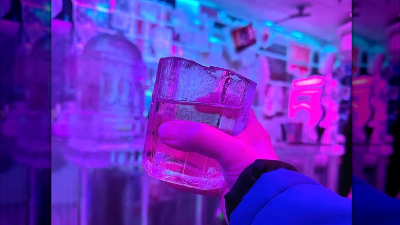 Person holding a drink glass made of ice