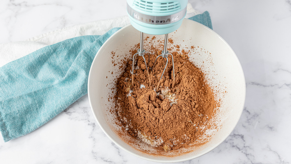 mixing dry ingredients for copycat Hostess cupcakes