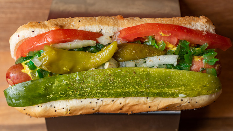 Chicago-style hot dog with pickle