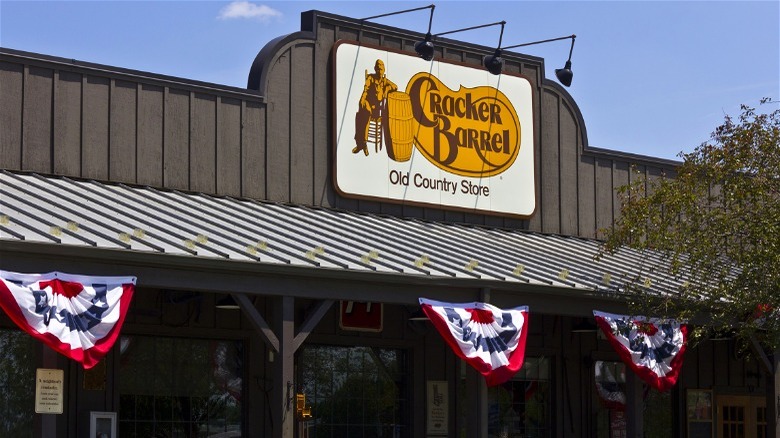 Cracker Barrel storefront with Americana banner 