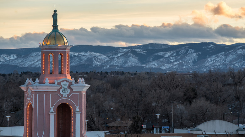 The iconic clock tower of Casa Bonita in Lakewood, Colorado