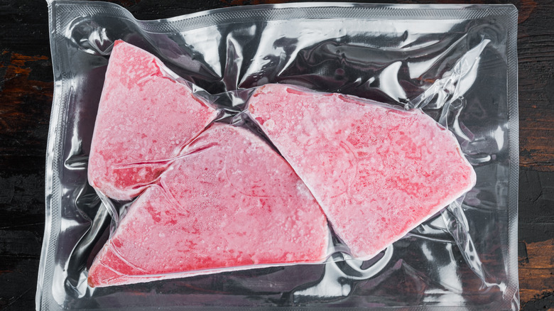 Frozen, sealed tuna steaks