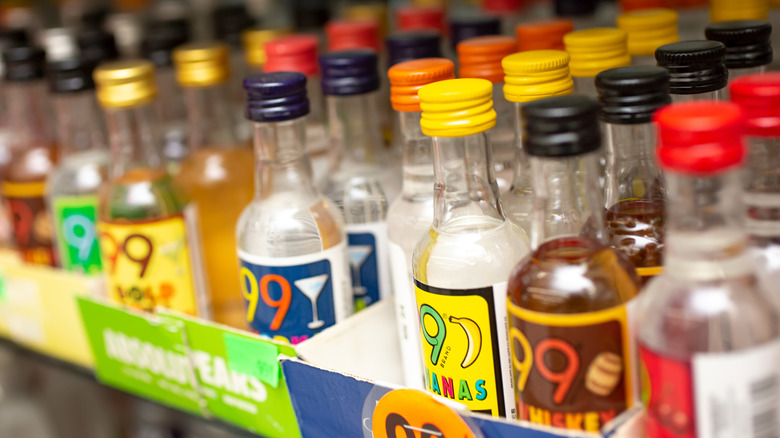 Small bottles of liquor on store shelf