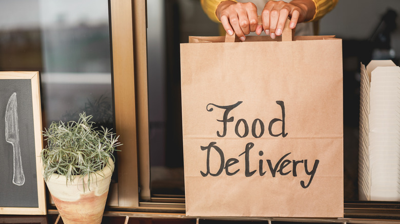 hands holding food delivery bag