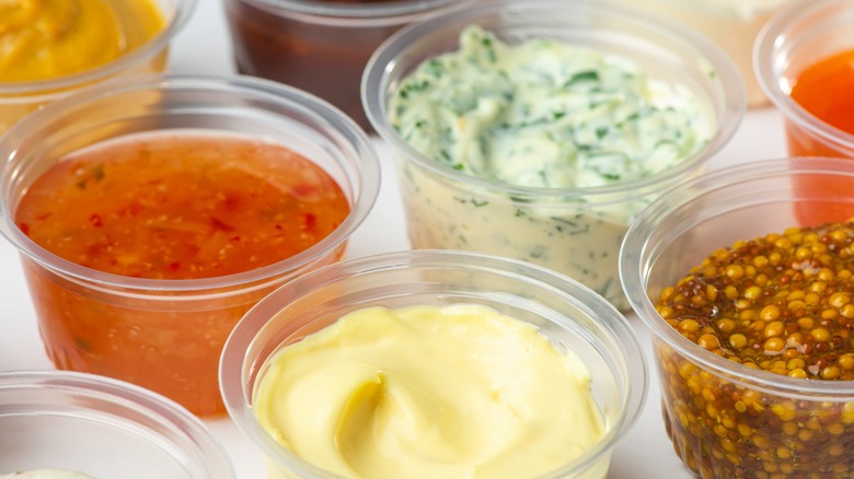 different sauces in clear bowls