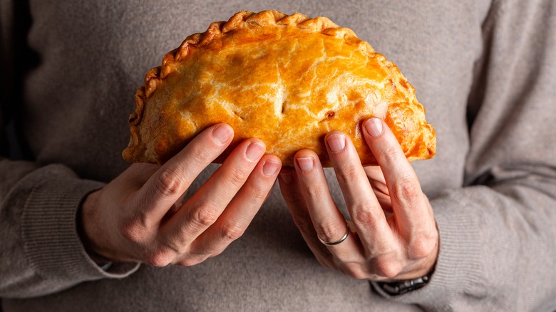 person holding meat pie