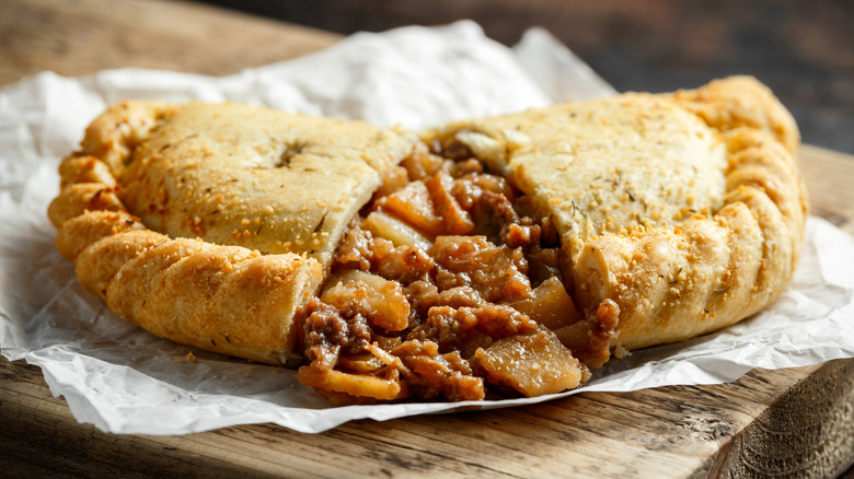 Cornish pasty on paper wrapper