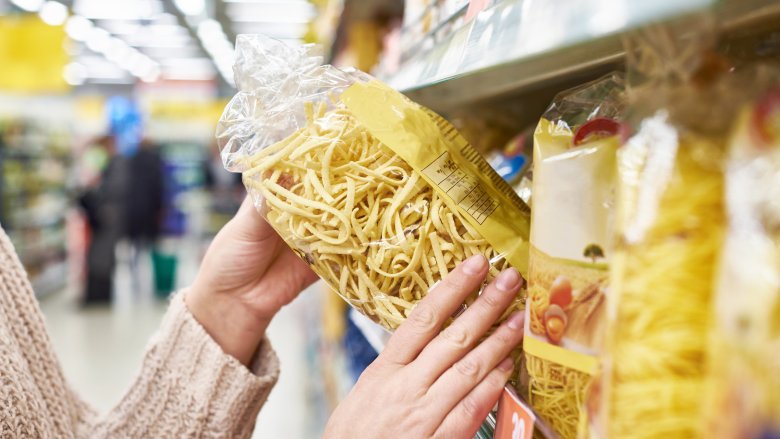 package of pasta at grocery store