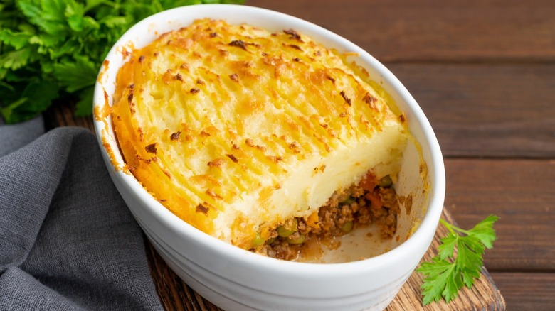 Shepherd's pie in white dish