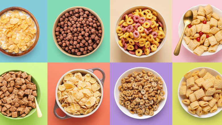 Various bowls of breakfast cereal