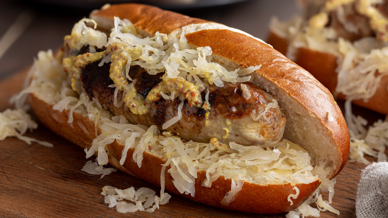 bratwurst with ground mustard and sauerkraut