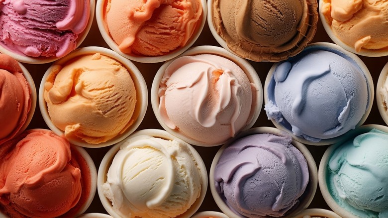 A rainbow display of ice creams