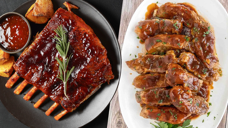 Plate of traditional ribs next to plate of country-style ribs