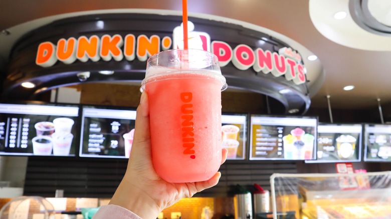 Smoothie in front of a Dunkin' Donuts 