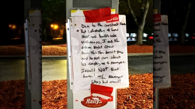 Handwritten sign at Rally's drive-thru