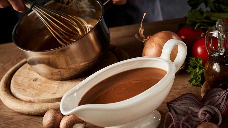 Gravy boat and whisk and pan from making gravy